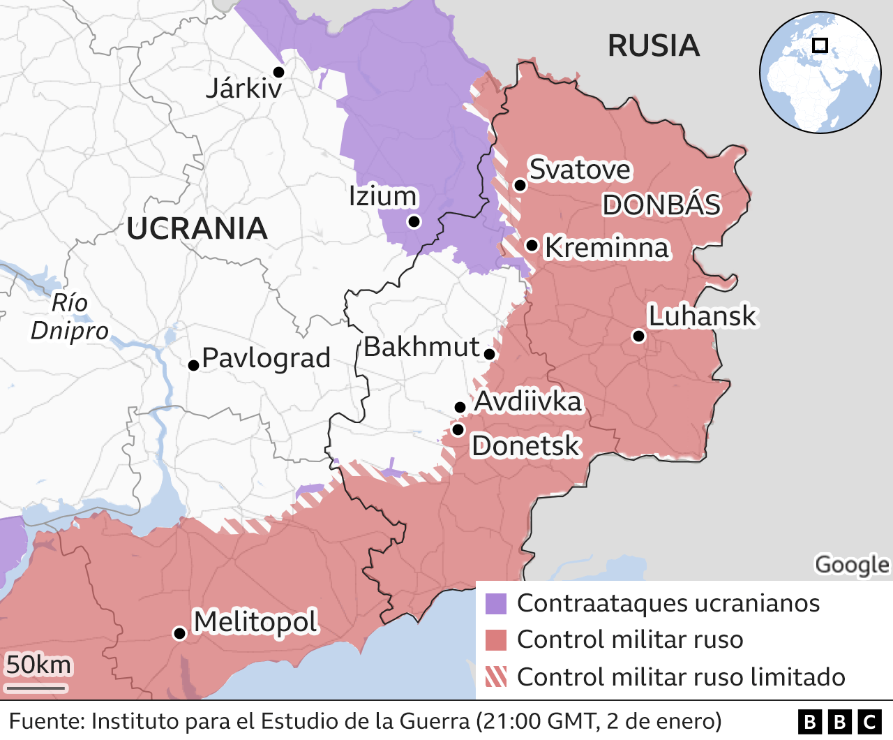 Mapa del este de Ucrania