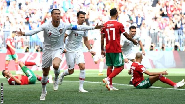 Portugal forward Cristiano Ronaldo celebrates scoring against Morocco at the World Cup