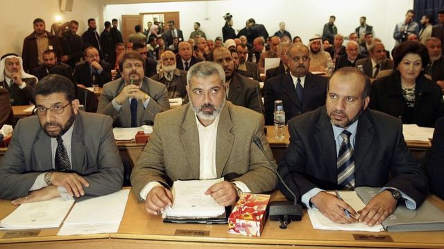 Palestinian Prime Minister-designate Ismail Haniyeh attends the first session of the Hamas-led Palestinian legislative Council meeting in Gaza City (6 March 2006)