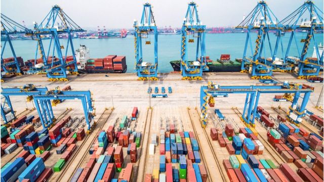 An aerial view of a port in Qingdao in China's eastern Shandong province, March 2019