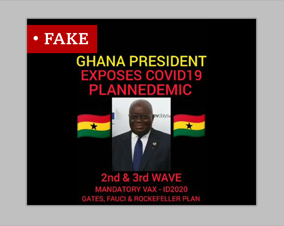 A meme labelled Fake. It contains picture of Ghana's president and Ghanaian flags alongside the words "Ghana president exposes covid19 Plannedemic".