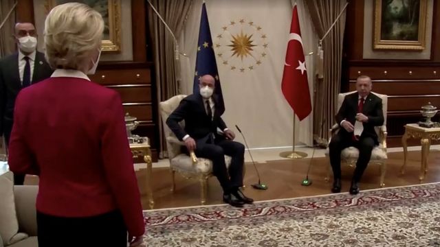 European Commission President Ursula von der Leyen stands as European Council President Charles Michel and Turkish President Tayyip Erdogan take seats in Ankara, Turkey April 6, 2021