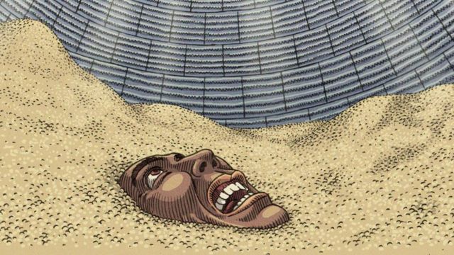 Ilustração de homem soterado por grãos em silo, apenas com o rosto de fora