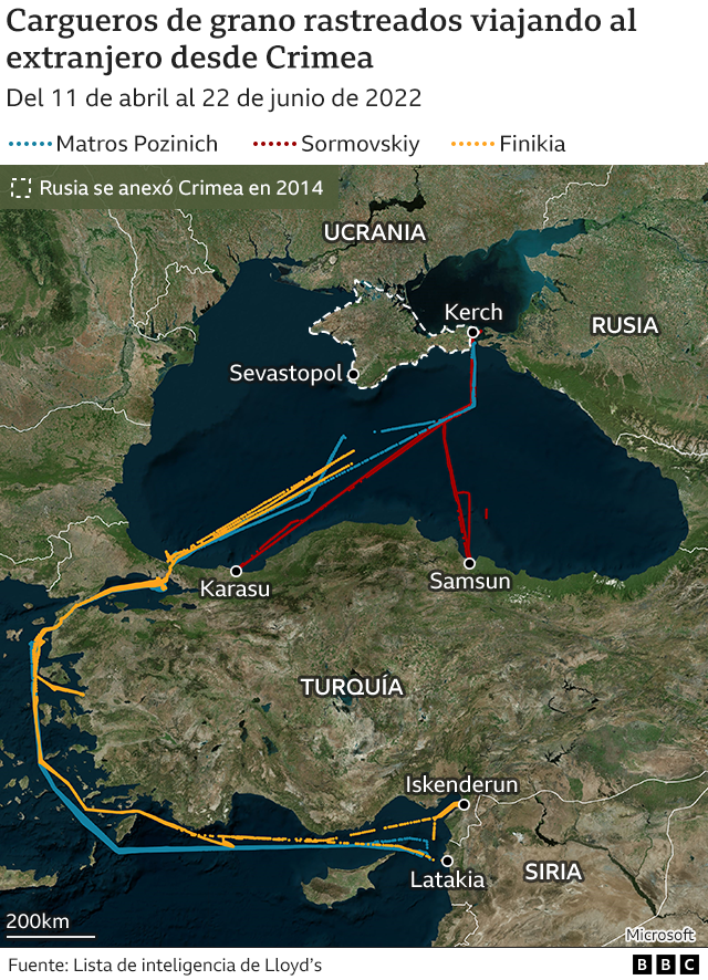 Mapa de buques rastreados que transportan granos que viajan al extranjero desde Crimea