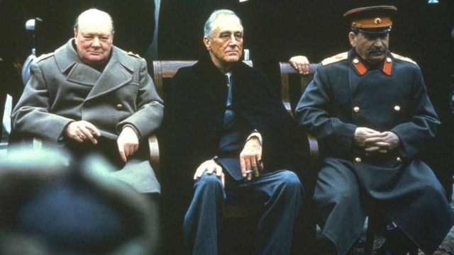 Churchill, Roosevelt and Stalin (from left to right) are called the Big Three at the Yalta Conference, February 1945