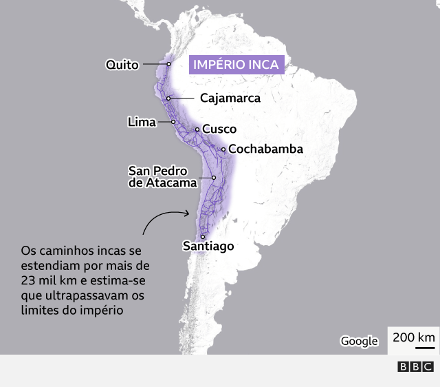 Mapa mostrando a extensão do império inca e as principais estradas incas já descobertas