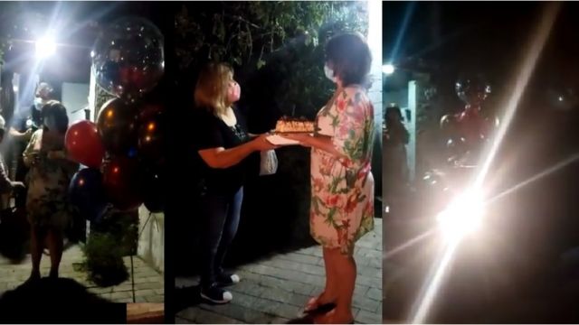 Sequência de prints de imagens da surpresa para Vera. Nas imagens, ela recebe o bolo de aniversário da irmã e carros passam em homenagem a ela