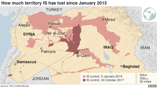 Map showing how much territory was held by IS in January 2015 and October 2017