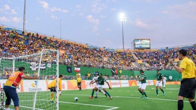 Action in Brazil's goal area during the Men's Gold Medal Match between Brazil v Islamic Republic of Iran. 5-a-side Football at the Olympic Tennis Centre at the Paralympic Games in Rio de Janeiro, Brazil