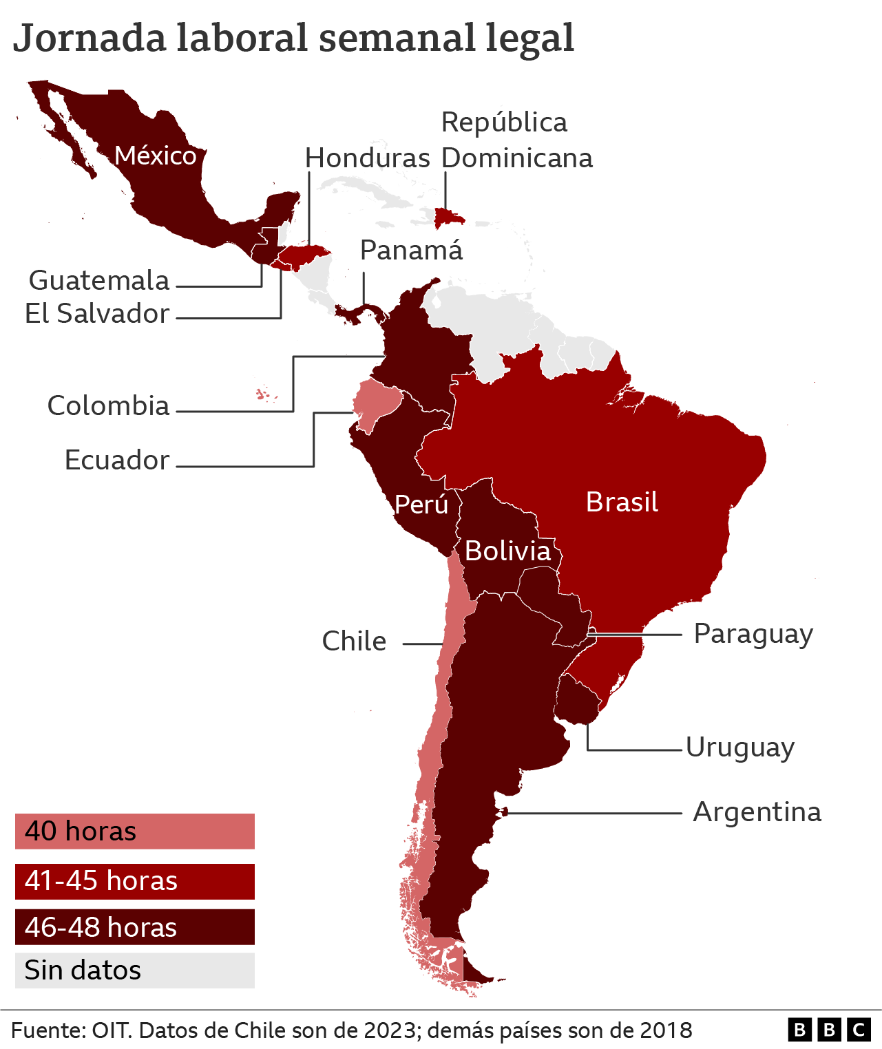 Mapa de la jornada semanal laboral en países de América Latina