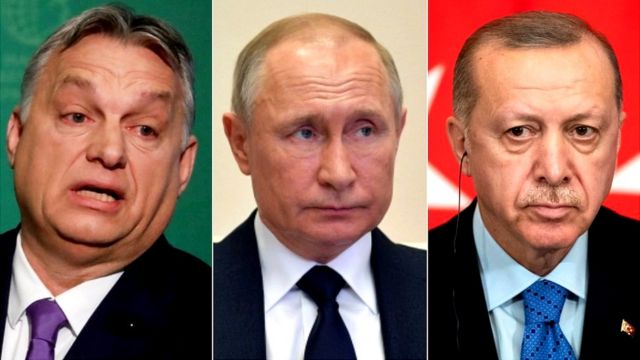 Viktor Orban, primeiro-ministro da Hungria (esq), Vladmir Putin, presidente da Rússia e Recep Tayyip Erdogan, da Turquia