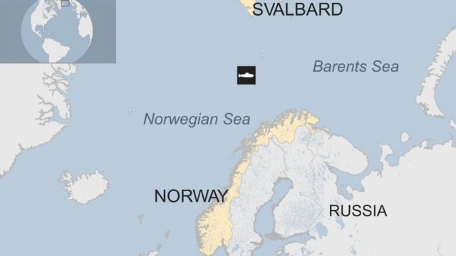 Arctic map showing submarine location