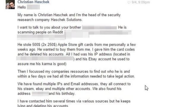 Mensagem de Haschek para o irmão do fraudador
