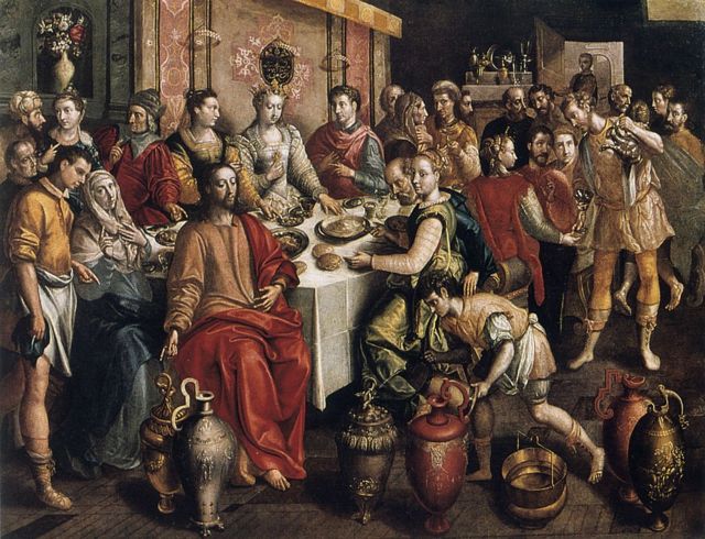 'La boda en Cana', donde Jesús tornó agua en vino. Obra de Martin de Vos, 1596-1597.