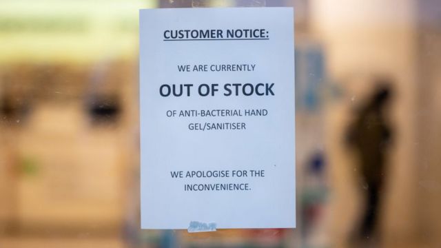 Sign says hand sanitiser is out of stock