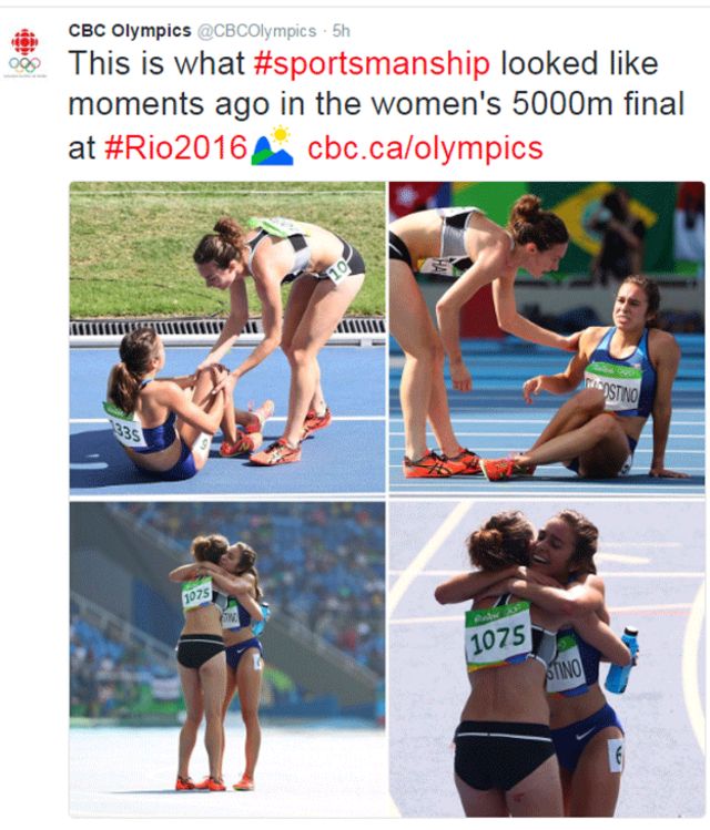 "This is what sportsmanship looked like moments ago in the women's 5,000m final at Rio" - CBC tweet