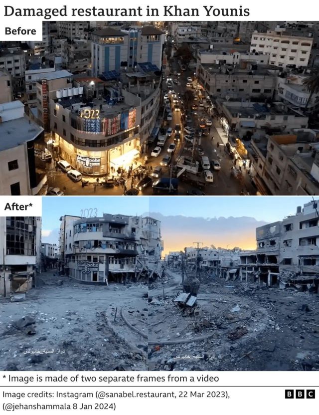 Ảnh chụp khu nhà hàng trước và sau vụ những đợt bắn phá dồn dập của Israel