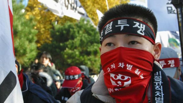 Manifestante na Coreia do Sul em 2003 reivindica direitos trabalhistas