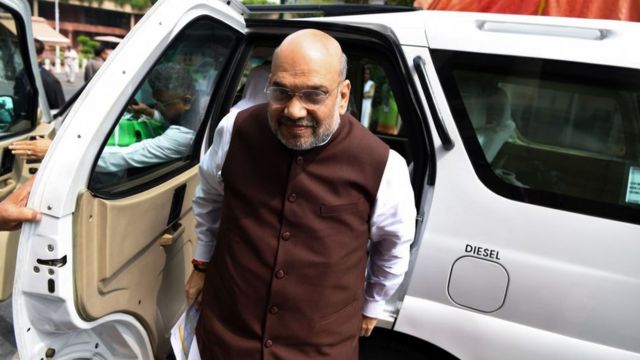 Home Minister Amit Shah arrives at the parliament house in New Delhi on August 5, 2019.