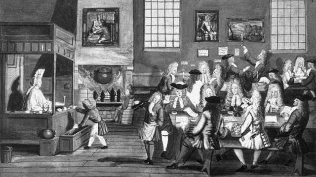 Europeus reunidos em uma cafeteria no ano de 1668