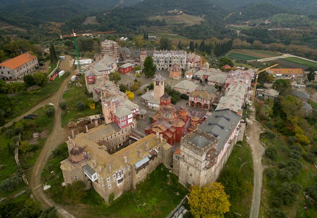 MOUNT ATHOS - NOVEMBER 07: Aerial view of the The Holy and Great Monastery of Vatopedi on November 07, 2017 in Mount Athos, Greece
