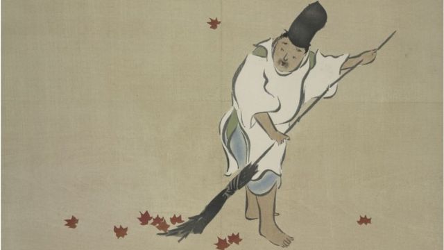 Ancient drawing of a Japanese person sweeping the floor