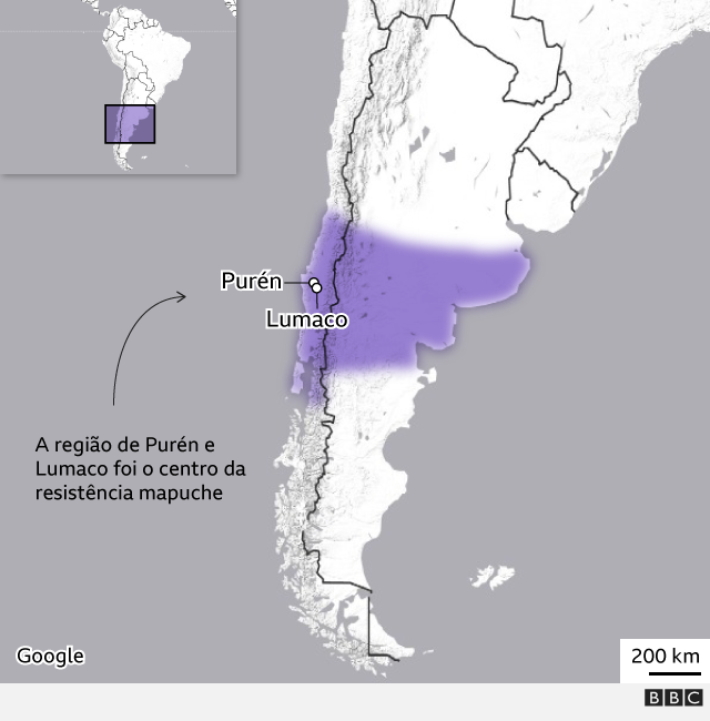 Mapa mostrando a extensão aproximada do território mapuche no período pré-colombiano