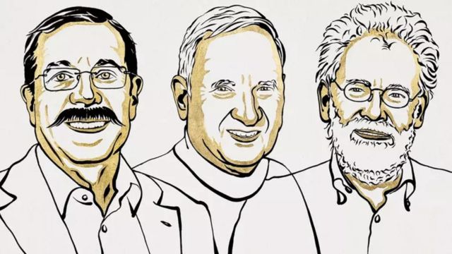 The illustration shows three white men smiling next to each other