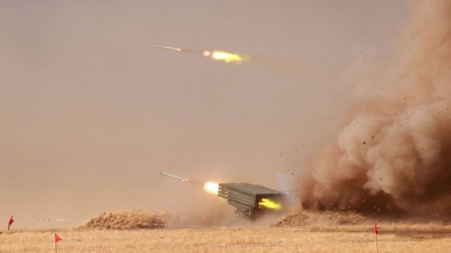 A multiple rocket launcher fires during the 'Peace Mission 2021' joint counterterrorism military exercise on September 23, 2021 in Orenburg, Russia