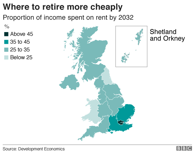 Map of the cheapest areas to retire to.