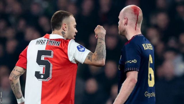 Ajax's Davy Klaassen bloodied by fan projectile in scary scenes as KNVB Cup  match against Feyenoord stopped