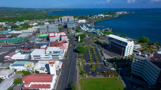 Aerial photography of the city center of Apia, the capital of Samoa, and Waiwusu Bay (rear), which are deserted due to the closure of the new crown epidemic (23/9/2021)