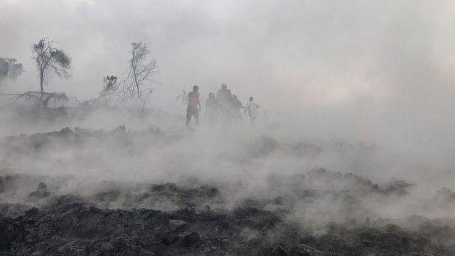 Residents of the area devastated by lava الحم