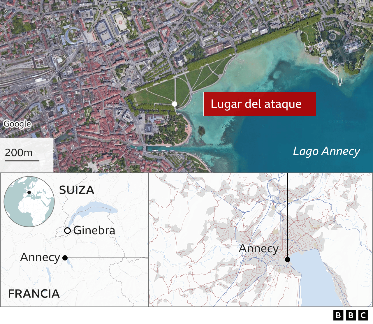 Mapa del lugar del ataque, en Annecy, Francia