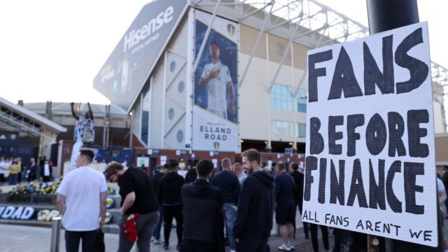 Protesters outside Elland Road stadium