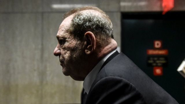 Side view as Harvey Weinstein leaves the courtroom in New York City criminal court on January 6,