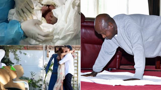 Top left: A baby born in coronavirus isolation ward in Cameroon. Bottom left: A couple in South Africa getting "married" before a cardboard cut-out guests. Right: Uganda's President Yoweri Museveni doing a press-up