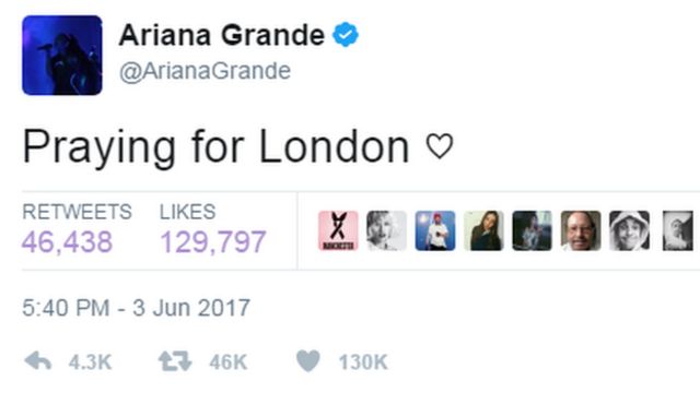 美国女歌手爱莉安娜·格兰德（Ariana Grande）在推特（twitter）上发帖："为伦敦祈祷。"