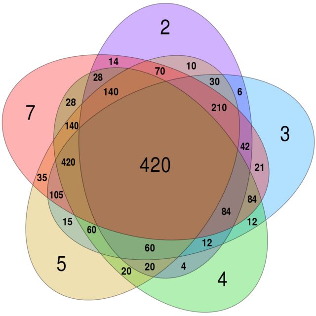 Diagrama de Venn de cinco conjuntos radialmente simétrico ideado por Branko Gruenbaum y representado por CMG Lee para mostrar los múltiplos comunes más bajos de 2, 3, 4, 5 y 7.