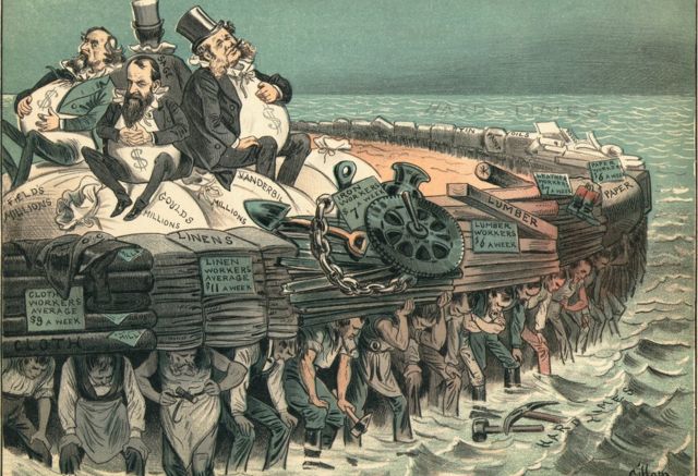 Caricatura política contra los barones ladrones Cyrus Field, Jay Gould, Cornelius Vanderbilt y Russell Sage, 1883. Los trabajadores luchan para sostener las industrias de la madera, el papel y el lino con trabajos de bajo salario.