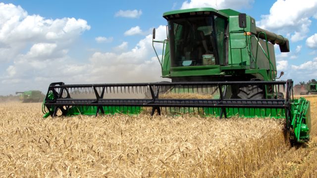 Stock image of a combine harvester working on a wheat field