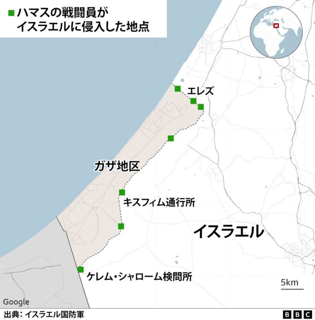 Map showing where Hamas fighters crossed from Gaza