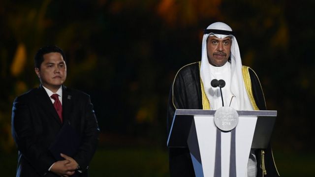 President of the Olympic Council of Asia (OCA) Sheikh Ahmad al-Fahad al-Sabah delivers a speech next to Indonesia's Vice President Jusuf Kalla