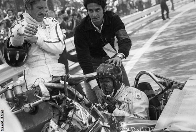 Graham Hill, Jochen Rindt, Lotus-Ford 49B, Grand Prix of Spain, Montjuic, 04 May 1969. Jochen Rindt after his accident caused by a rear wing failure