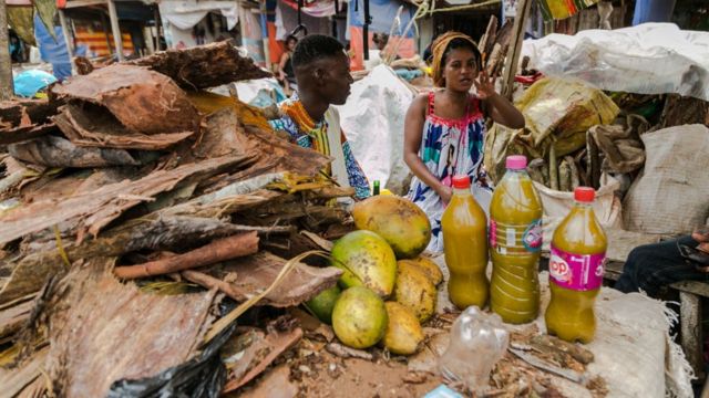 Fruits, leaves and tree bark, mainly from the central and southern regions of Cameroon, are displayed by traders at the Mvog Mbi market in Yaoundé