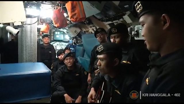 The crew of the sunken Indonesian submarine singing together on board the vessel a few weeks before.