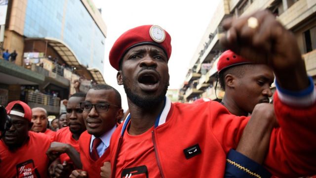 Bobi Wine, whose real name is Robert Kyagulanyi, at a protest