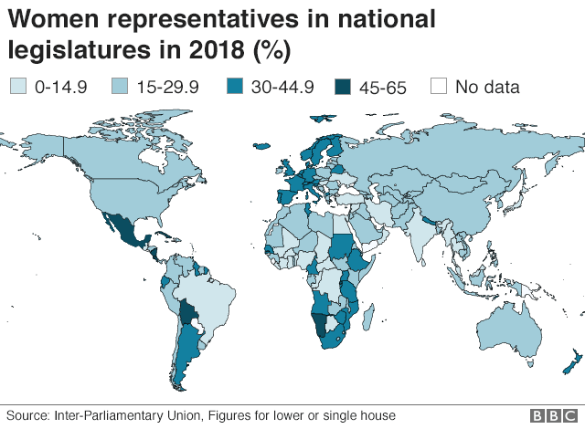 World map showing % of women in national legislatures in 2018