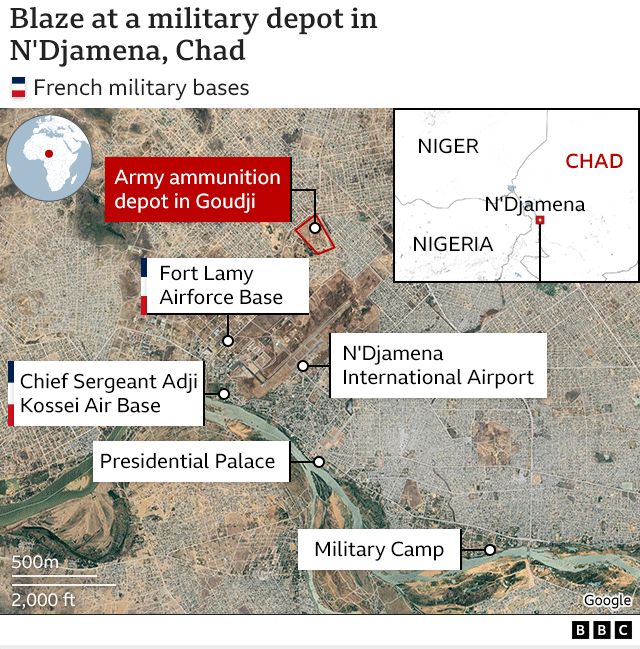 map showing where the ammunition depot is, along with French military bases and the airport