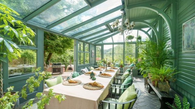 interior da casa, em área muito iluminada, com mesa de jantar e plantas ao redor